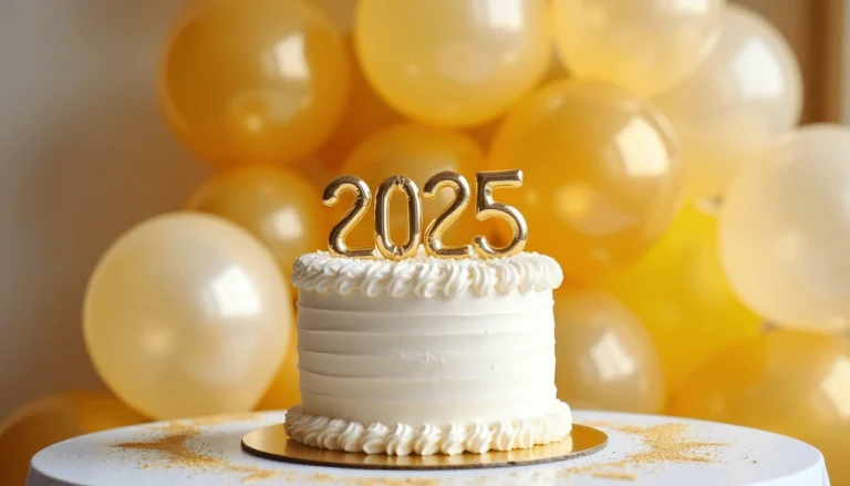 Stylish birthday cake 2025 on a decorated party table with gold and white theme