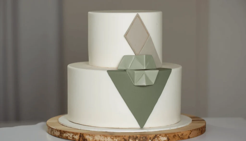 Minimalist geometric birthday cake for men in white, gray, and olive green