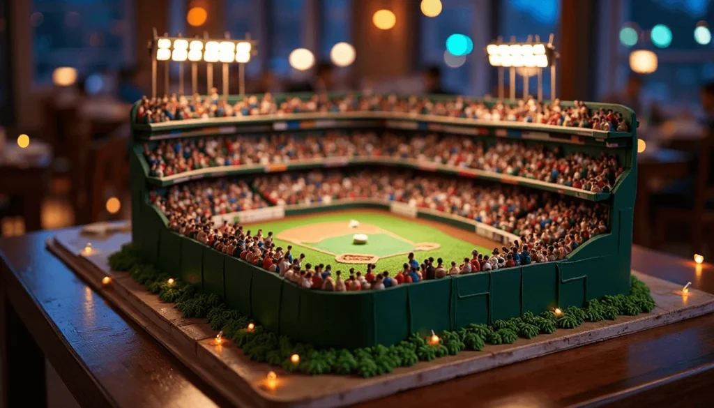 A multi-tiered baseball stadium cake with stands, LED lights, and field