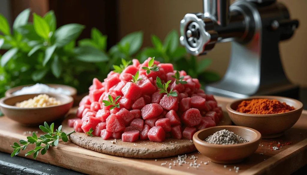 Raw Venison Breakfast Sausage Recipe, pork fat, fresh herbs, and spices arranged on a wooden counter with a meat grinder in the background.