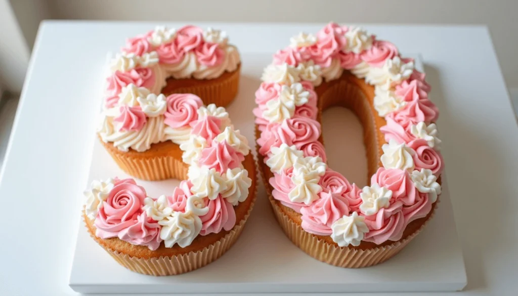 Cupcake birthday cake shaped into the number 50, decorated with frosting and flowers.