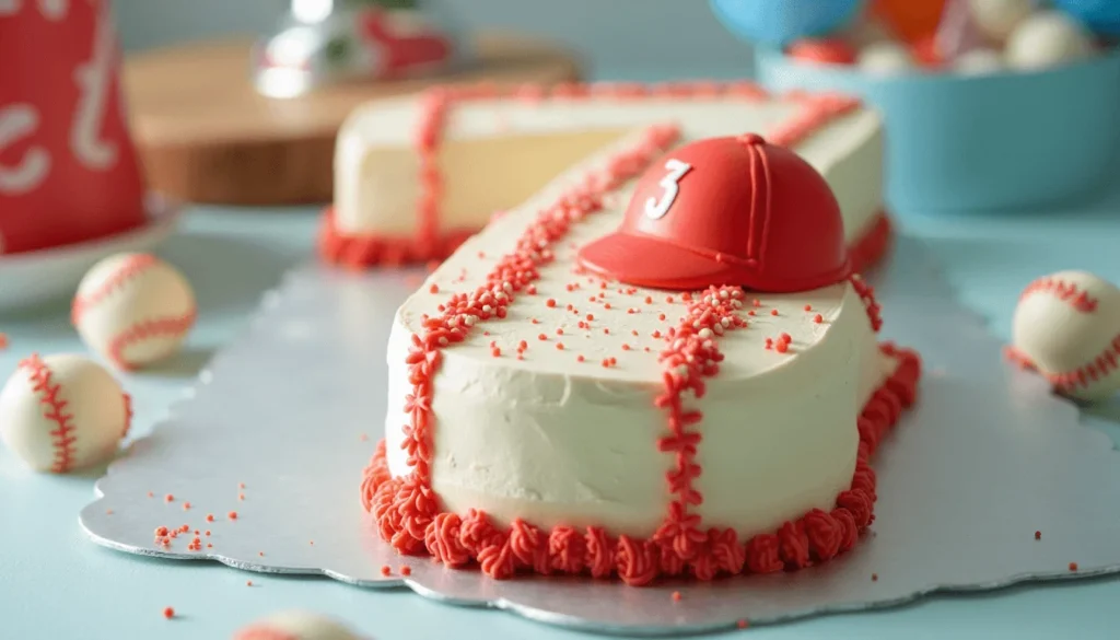 A number-shaped baseball birthday cake decorated with team colors