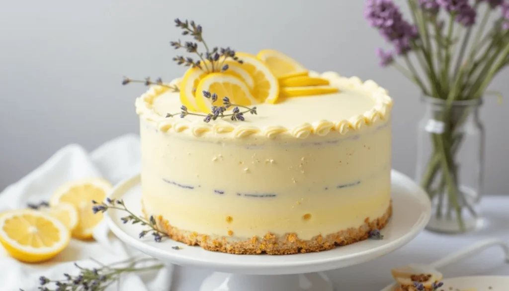 Lemon lavender American Cake Nude with dried flowers and citrus topping