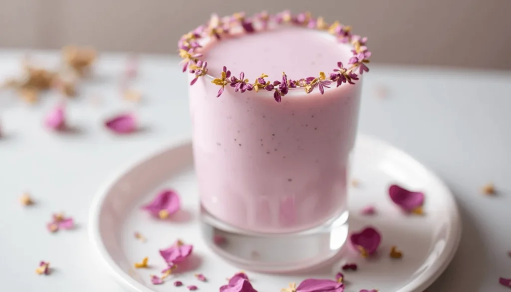 Lavender smoothie with delicate dried flower petal rim on a white tray