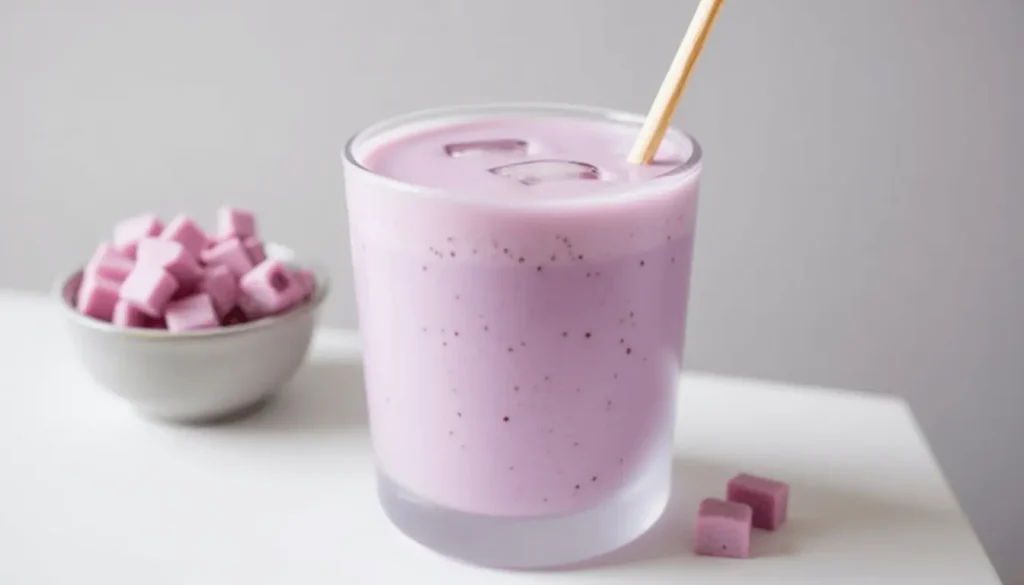 Glass of creamy classic taro milk juice with ice cubes on a white surface, soft pastel purple color