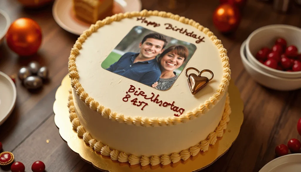 Personalized birthday cakes with printed photo and festive decorations.