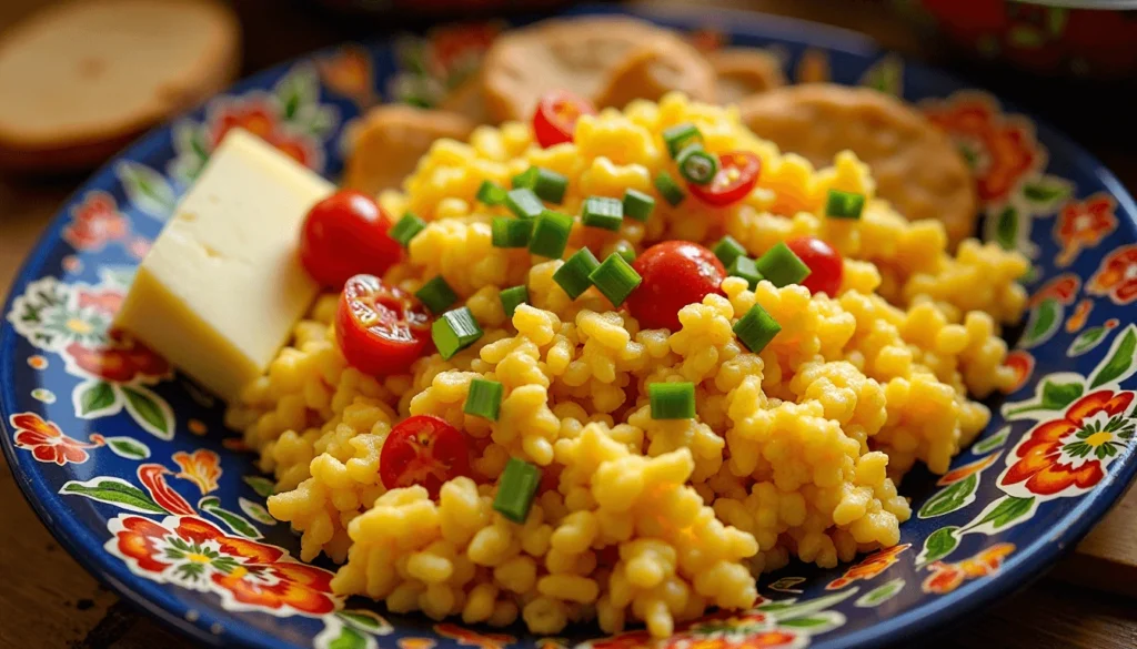Colombian scrambled eggs with tomatoes and scallions on a ceramic plate.