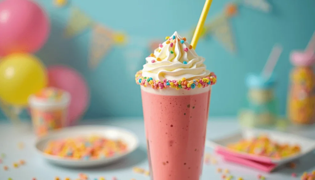 Strawberry smoothie with Fruity Pebbles and white chocolate rim in a fun party setting