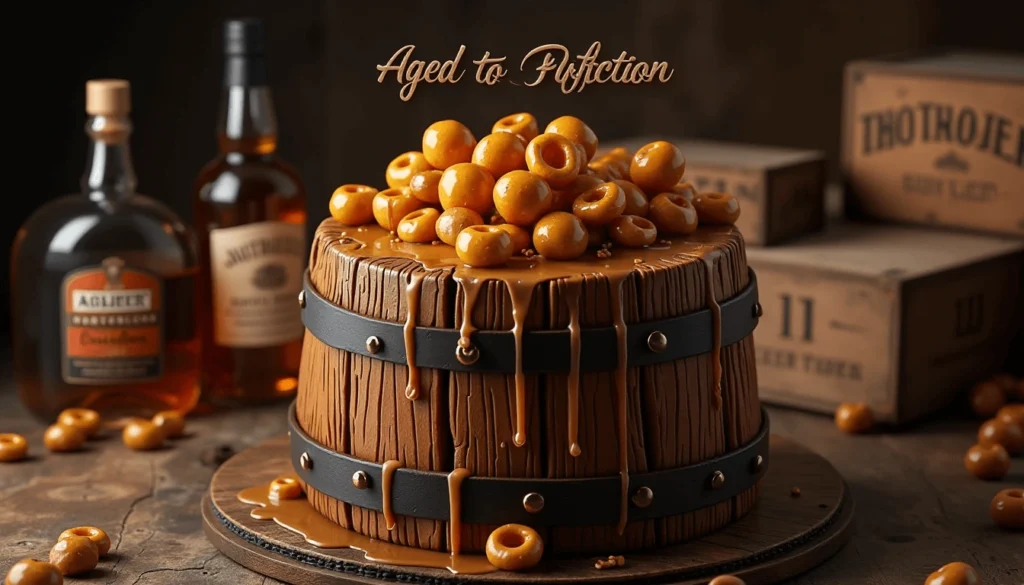 Whiskey barrel-shaped birthday cake ideas for him with gold edible details