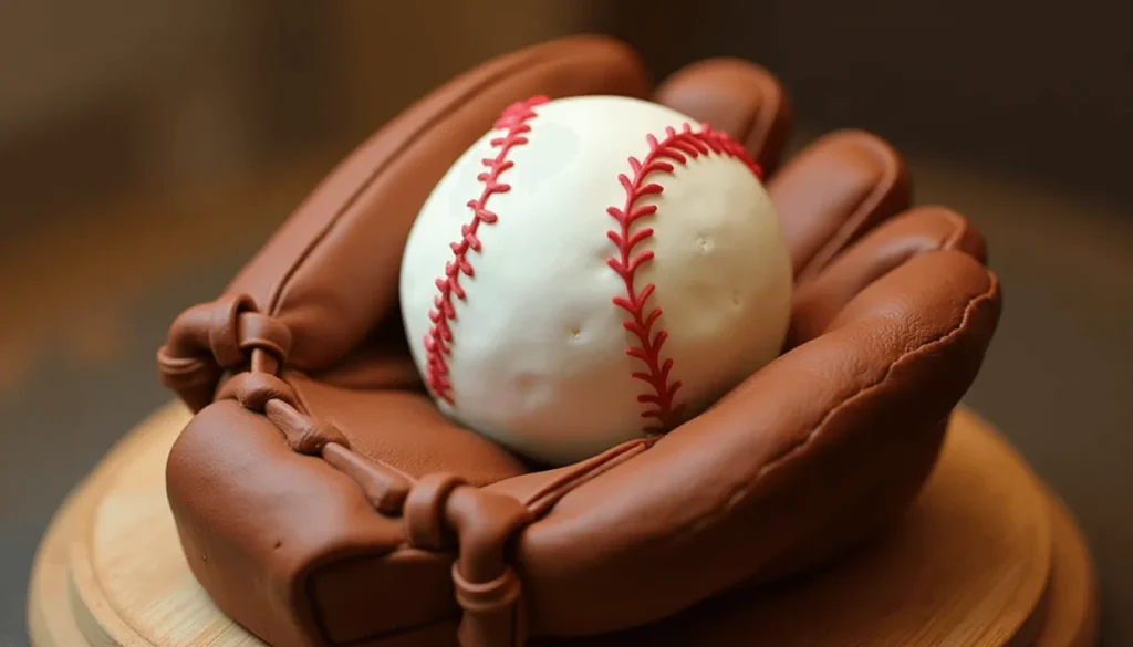 A fondant baseball glove cake holding a realistic baseball