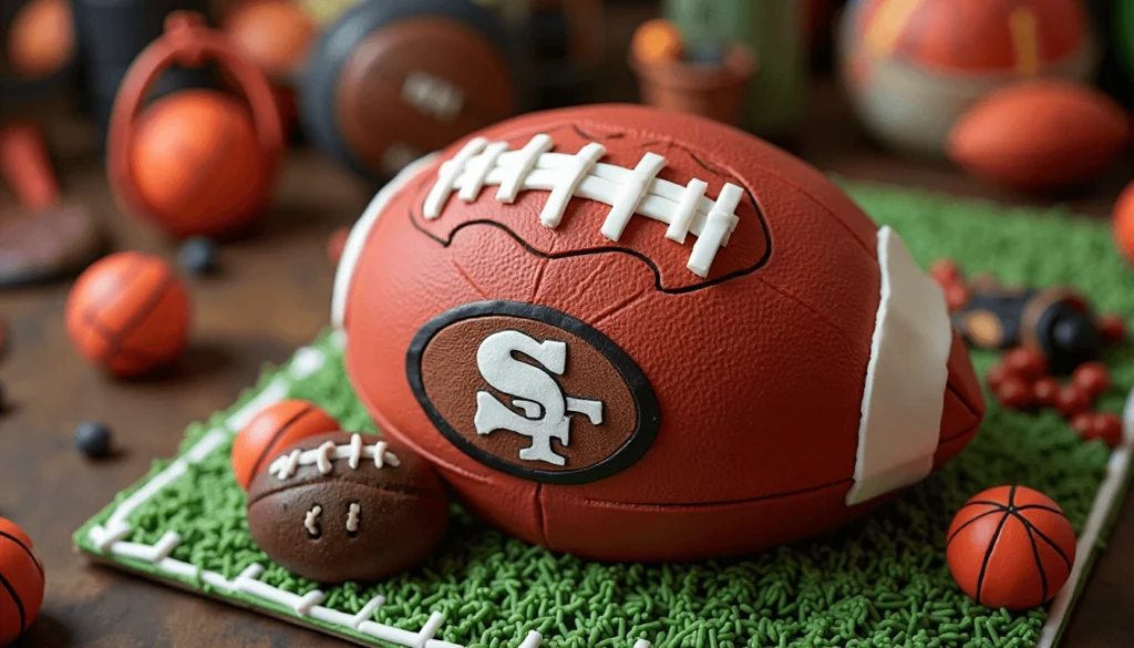 Sports-themed birthday cake for him featuring football elements and team logos