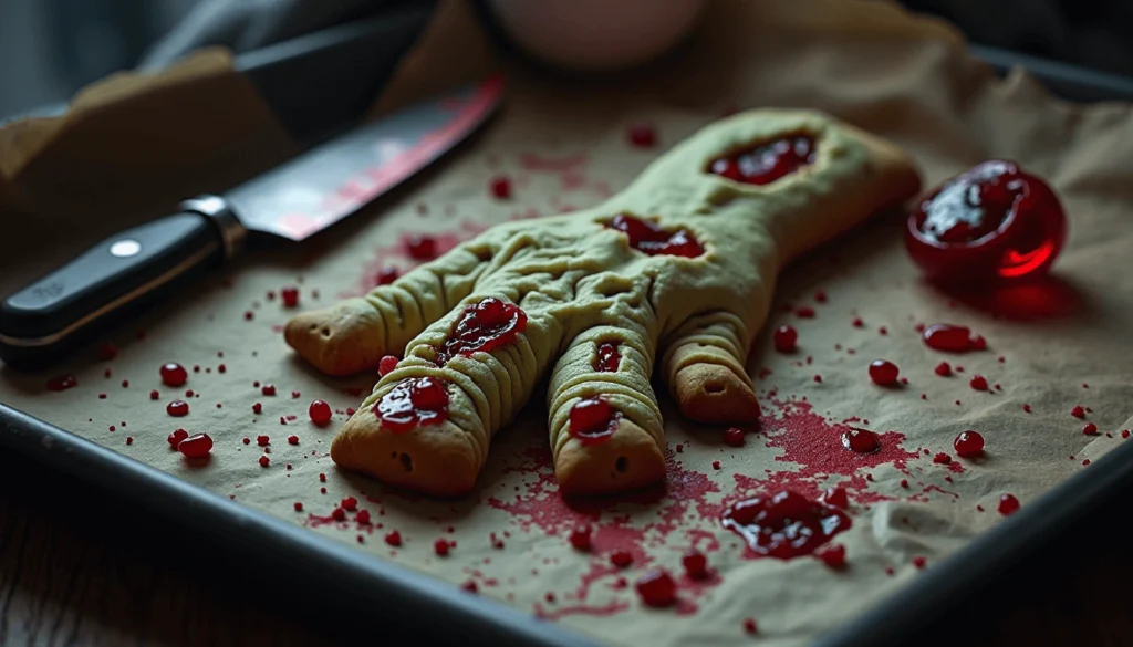 Creepy Halloween cookie shaped like a severed zombie finger with red jam and almond fingernail.