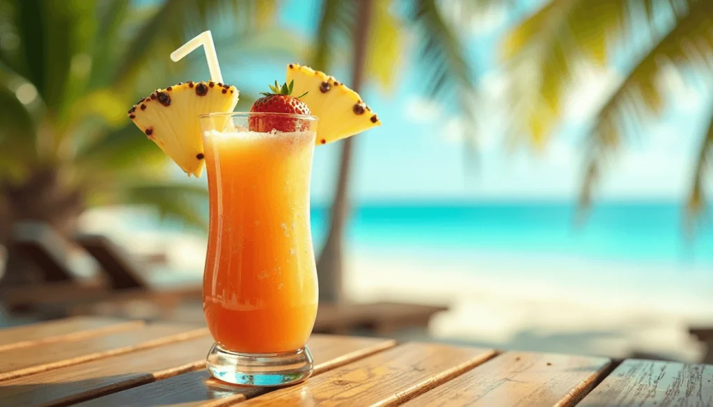 Fresh tropical ingredients for a Bahama Mama tropical smoothie displayed on a beachside table, including strawberries, pineapple, and coconut.

