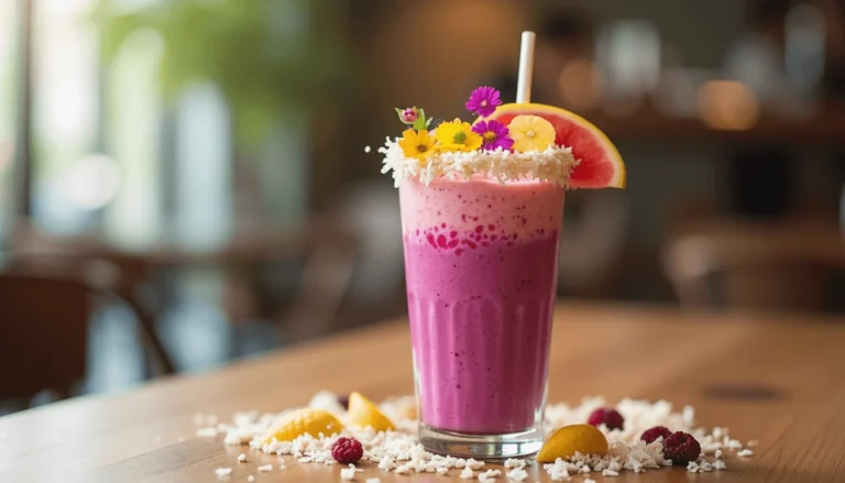 Tropical smoothie with decorated rim of coconut flakes, edible flowers, and honey drizzle