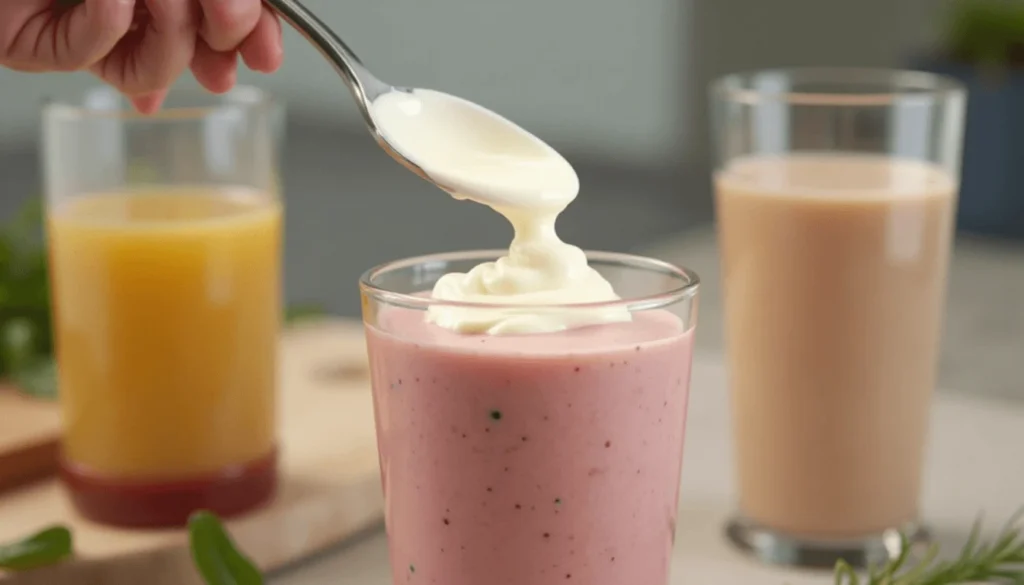 Greek yogurt being spooned into a glass of Bahama Mama tropical smoothie.

