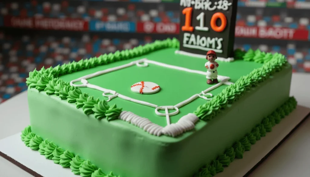 A sheet cake decorated to look like a baseball field with bases and scoreboard
