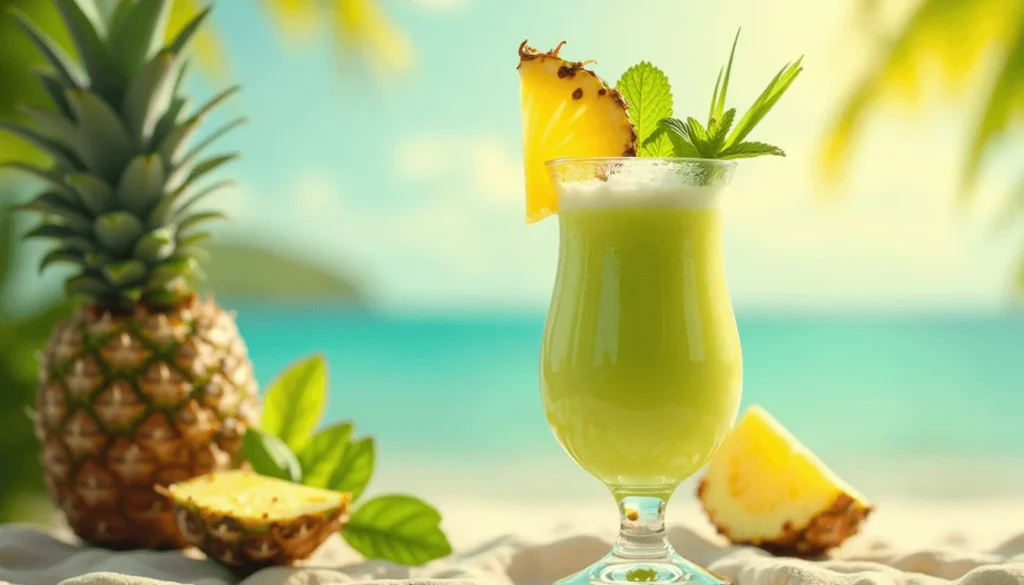 Tropical taro and pineapple juice in a fun glass with pineapple garnish and mint, set against a beachy background
