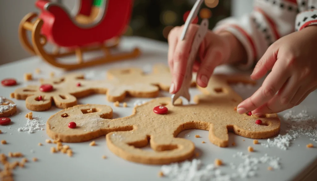 Reindeer cookie cutter with cookies featuring pretzel antlers and red noses.