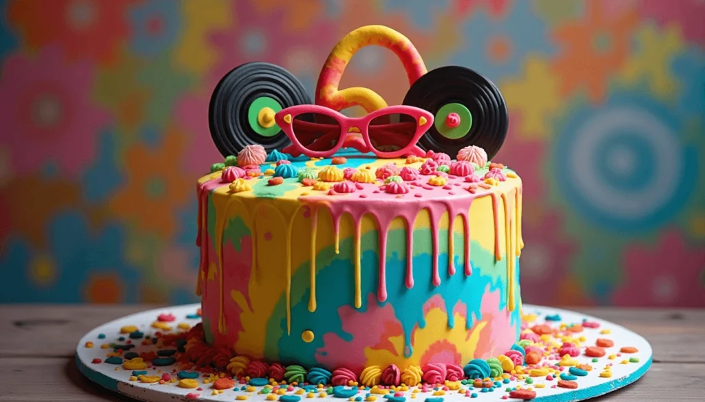 Colorful tie-dye birthday cake inspired by the 70s for a 50th birthday celebration
