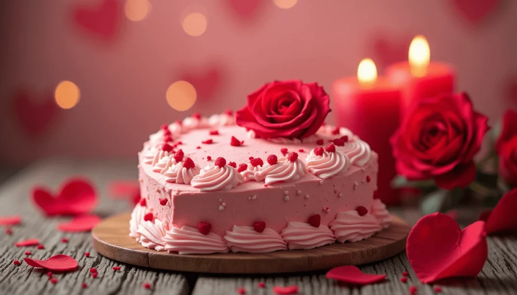 Romantic heart shaped cake with red roses and candles, perfect for a Valentine’s Day cover.