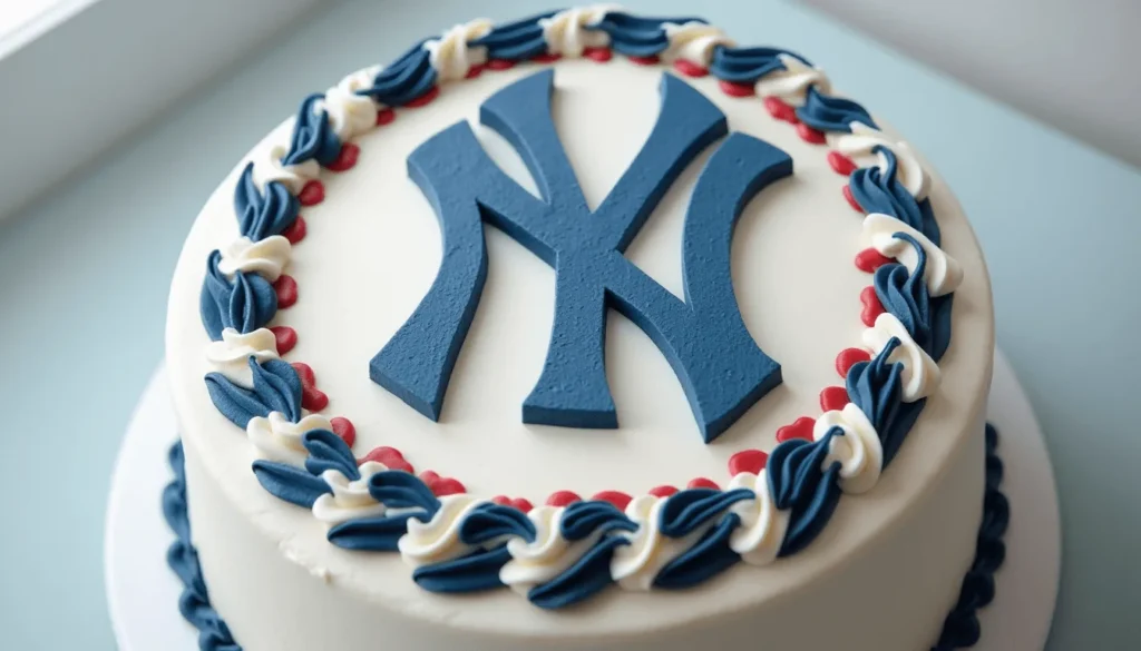 A baseball cake with an edible MLB team logo and team-colored frosting