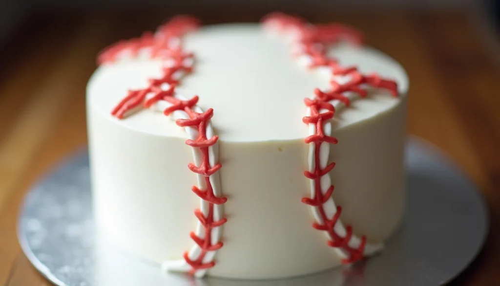 A round baseball-shaped cake with red stitching and white fondant