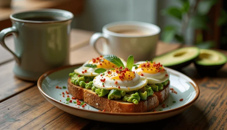 Beautifully plated sourdough avocado toast with poached eggs and herbs – a delicious option from sourdough breakfast recipes.