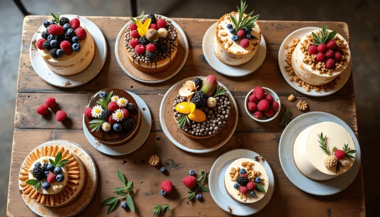A variety of American Cake Nude styles displayed on a rustic table, featuring 10 different minimalist cakes.
