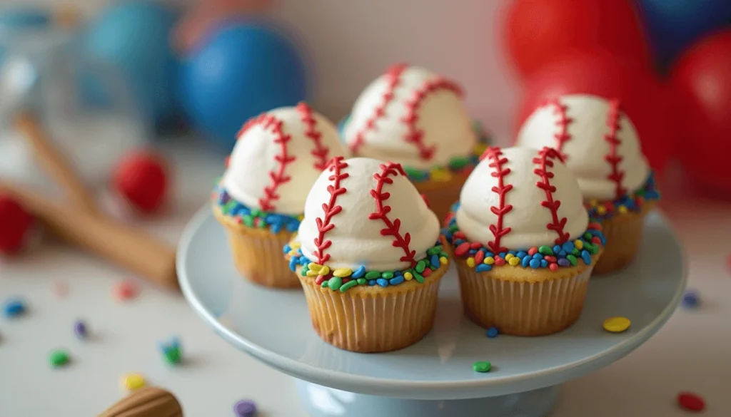 A tray of baseball-themed cupcakes with fondant decorations and sprinkles