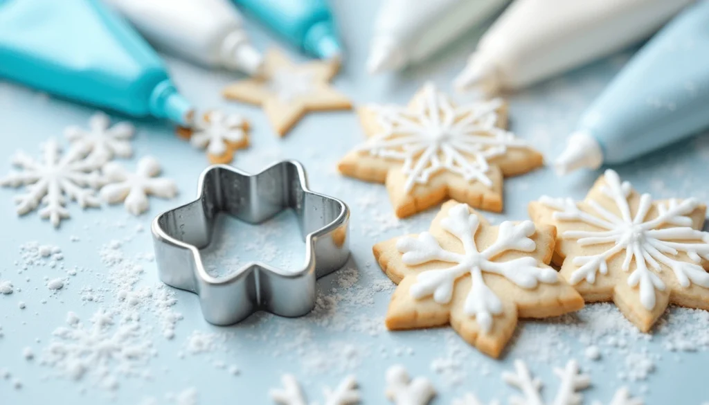 Silver snowflake cookie cutter with glittery iced cookies.