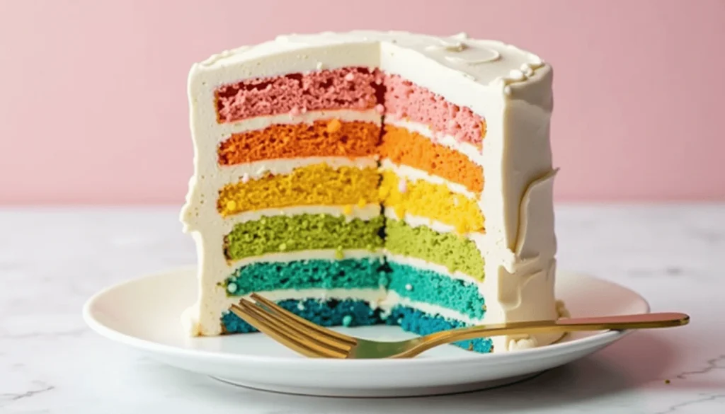 Rainbow layer birthday cake slice showing colorful interior layers.