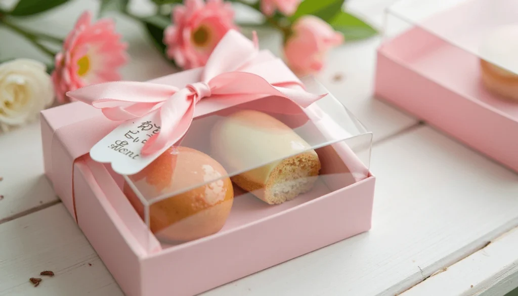 Korean bento cake in a transparent gift box tied with a pink ribbon and a small gift tag