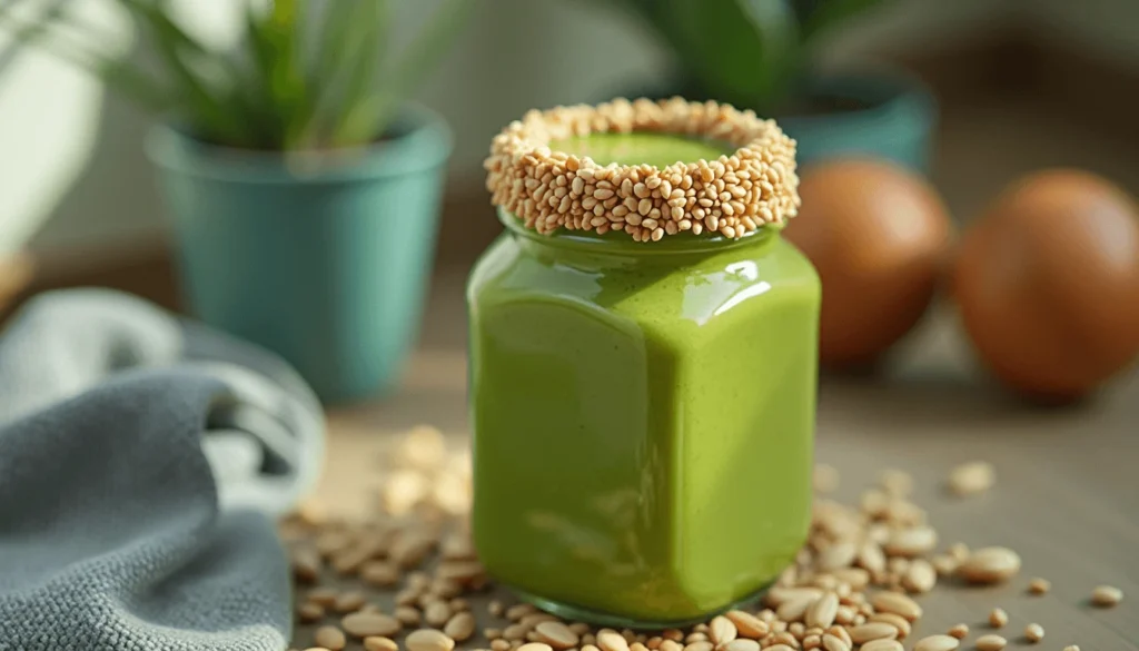 Green smoothie with peanut butter rim coated in chia, flax, and almonds