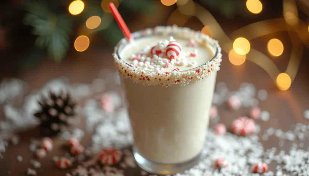Winter-themed smoothie with peppermint and white chocolate rim