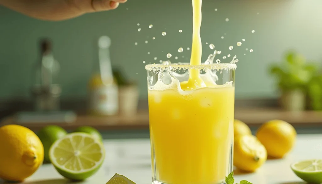 Fresh lime juice being squeezed into a tropical smoothie glass for a zesty citrus flavor.

