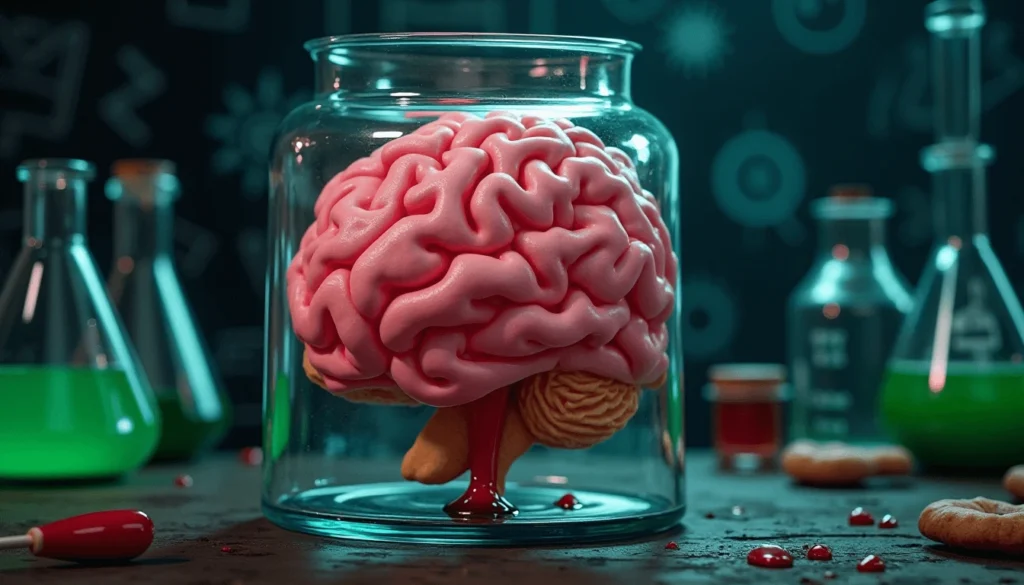 Halloween cookie shaped like a pink brain inside a blue jar, with jelly details and spooky lab background.