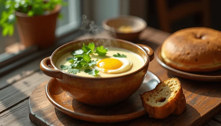 Traditional Colombian Changua (Milk and Egg Soup) served hot with egg and cilantro in a rustic bowl.