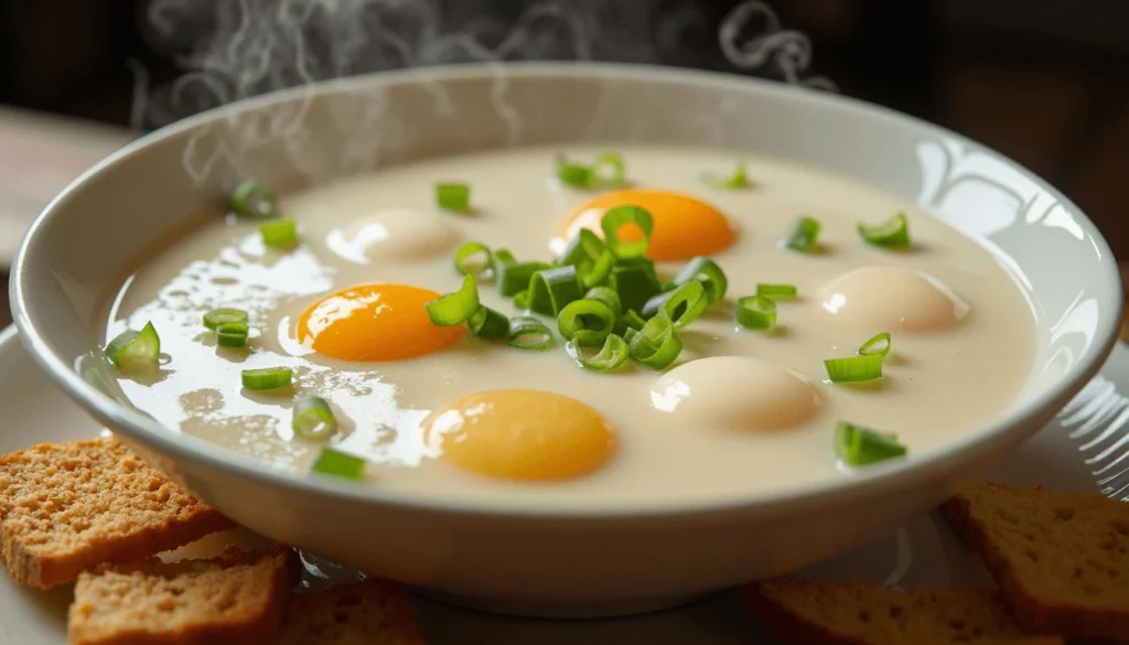 Colombian changua soup with poached eggs and scallions in a creamy milk broth.