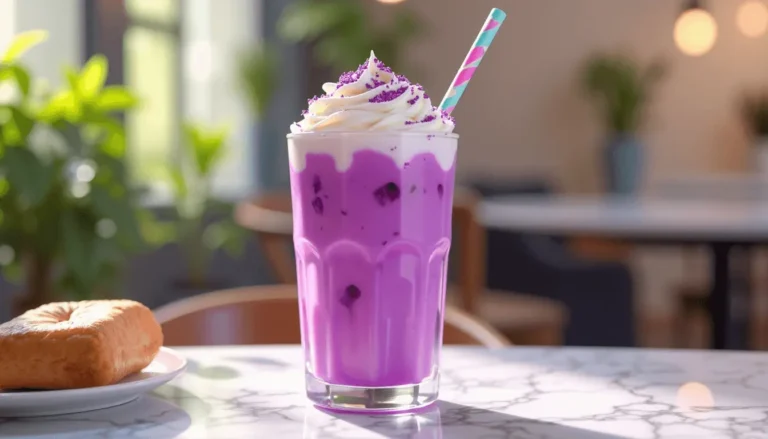 Refreshing glass of vibrant purple taro juice with whipped cream topping and a colorful straw, on a marble table in a modern café setting