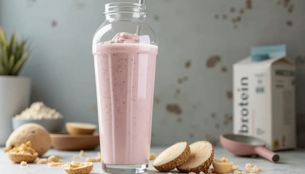 Thick vegan taro protein shake in a shaker bottle surrounded by protein powder and soy milk carton