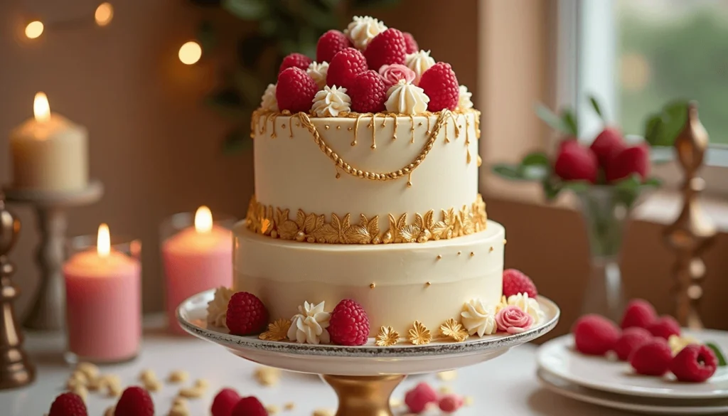 Vanilla almond birthday cakes for 50th birthday decorated with raspberries and gold accents