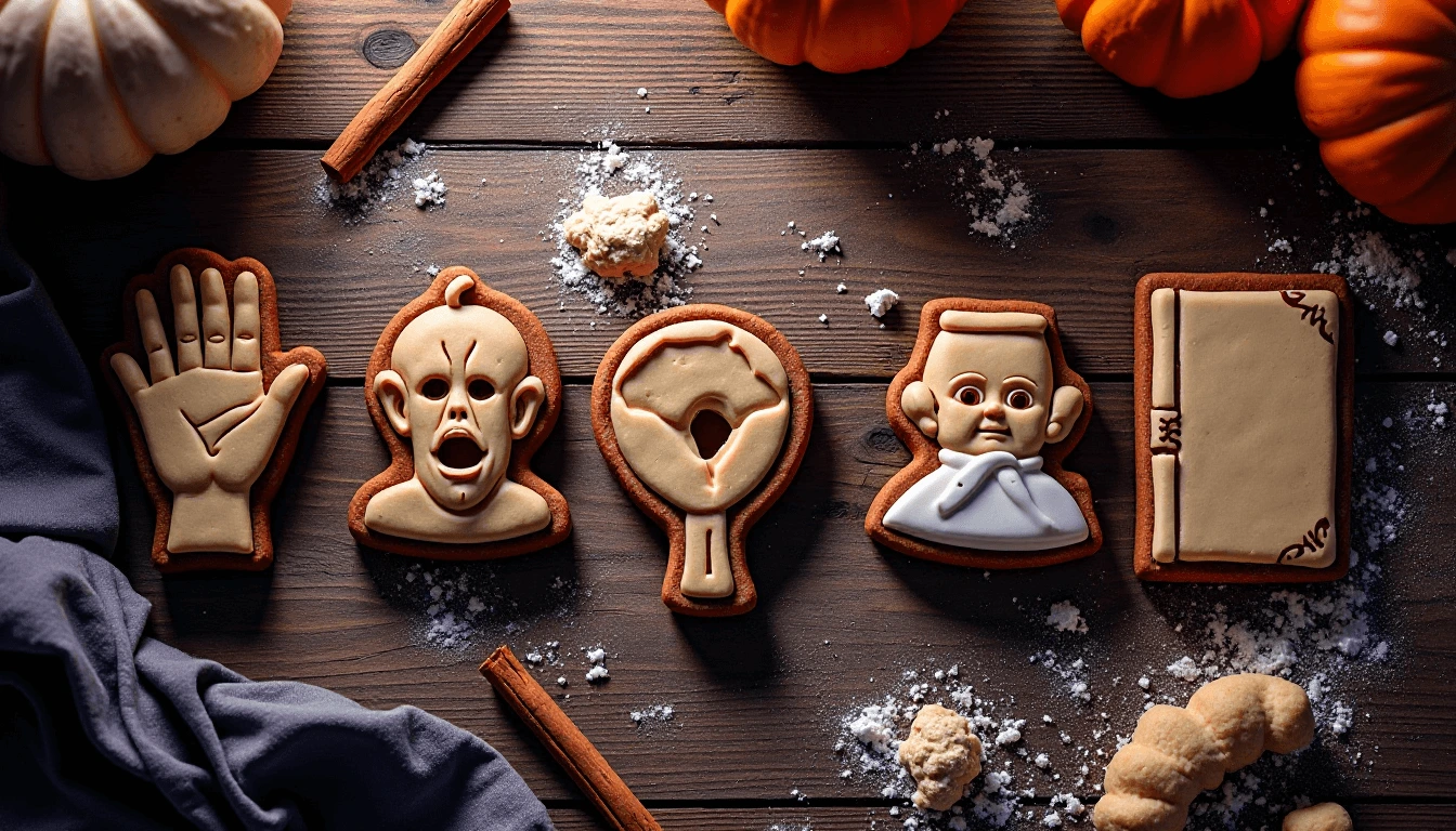 Top-down view of five unique Halloween cookie cutters on a rustic kitchen table with spooky Halloween décor.
