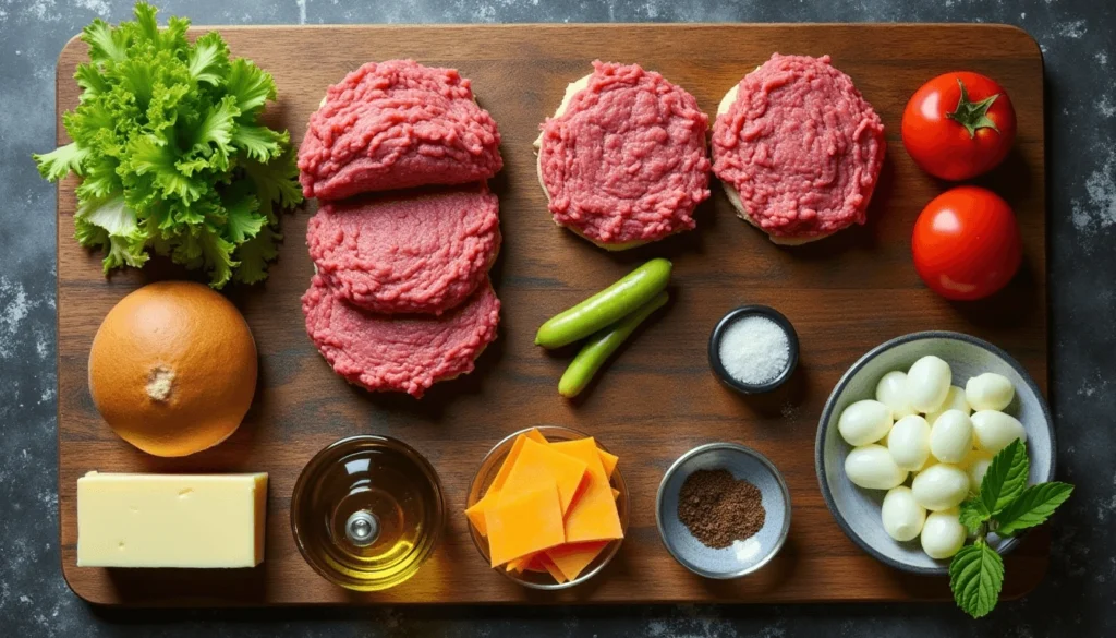 Ingredients for making Blackstone smash burgers laid out on a wooden surface.
