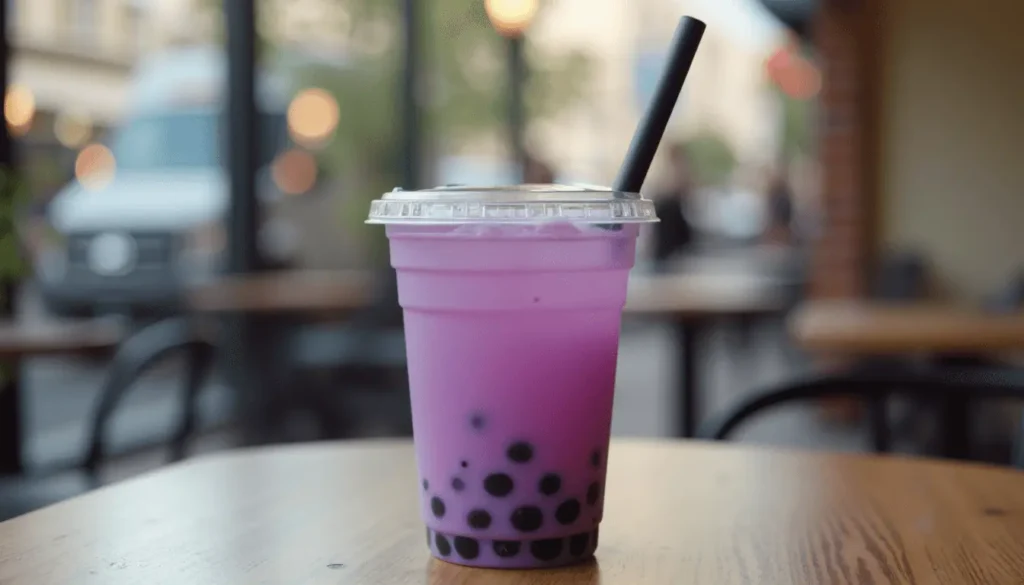 Glass of vibrant purple taro milk tea with black boba pearls and wide straw, café setting background