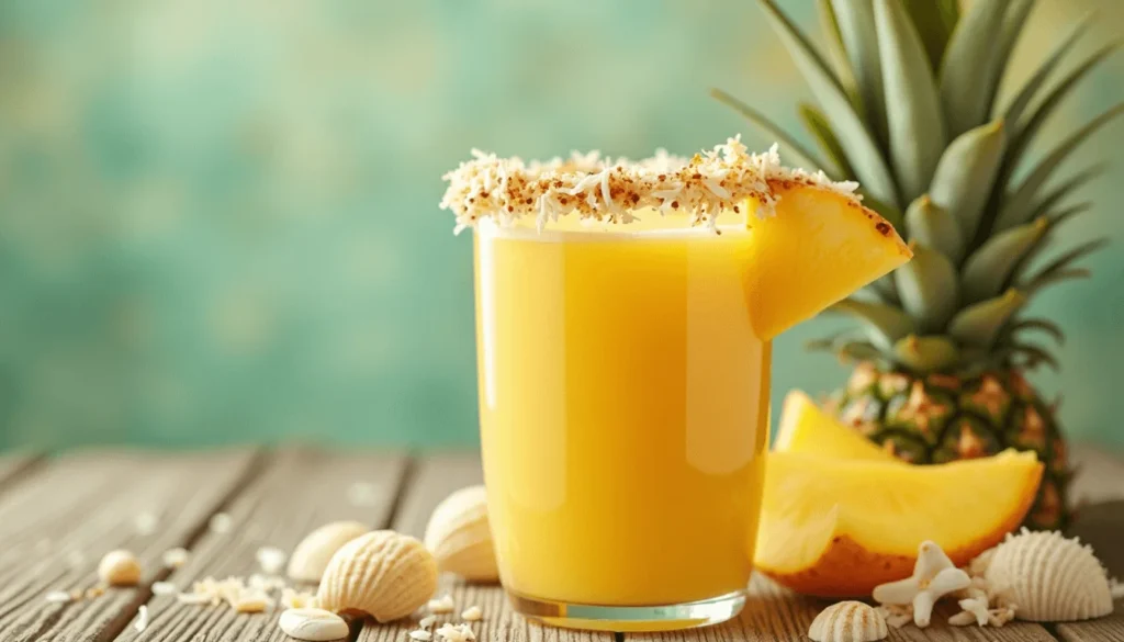 Mango smoothie with toasted coconut flakes on a beachy wooden background