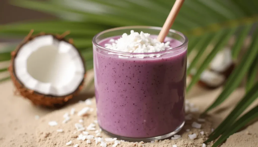 Taro smoothie in a coconut-style glass, topped with shredded coconut and surrounded by palm leaves and coconut halves