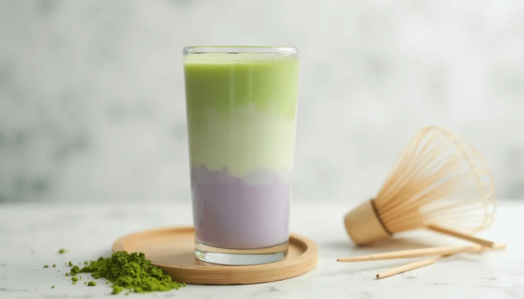 Layered taro and matcha drink in a tall glass, green matcha on top and purple taro on the bottom, with a bamboo tray and matcha whisk nearby