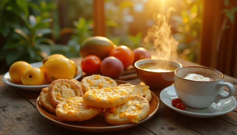 A traditional Colombian breakfast recipes spread with arepas, tropical fruits, changua soup, and hot chocolate on a rustic table.