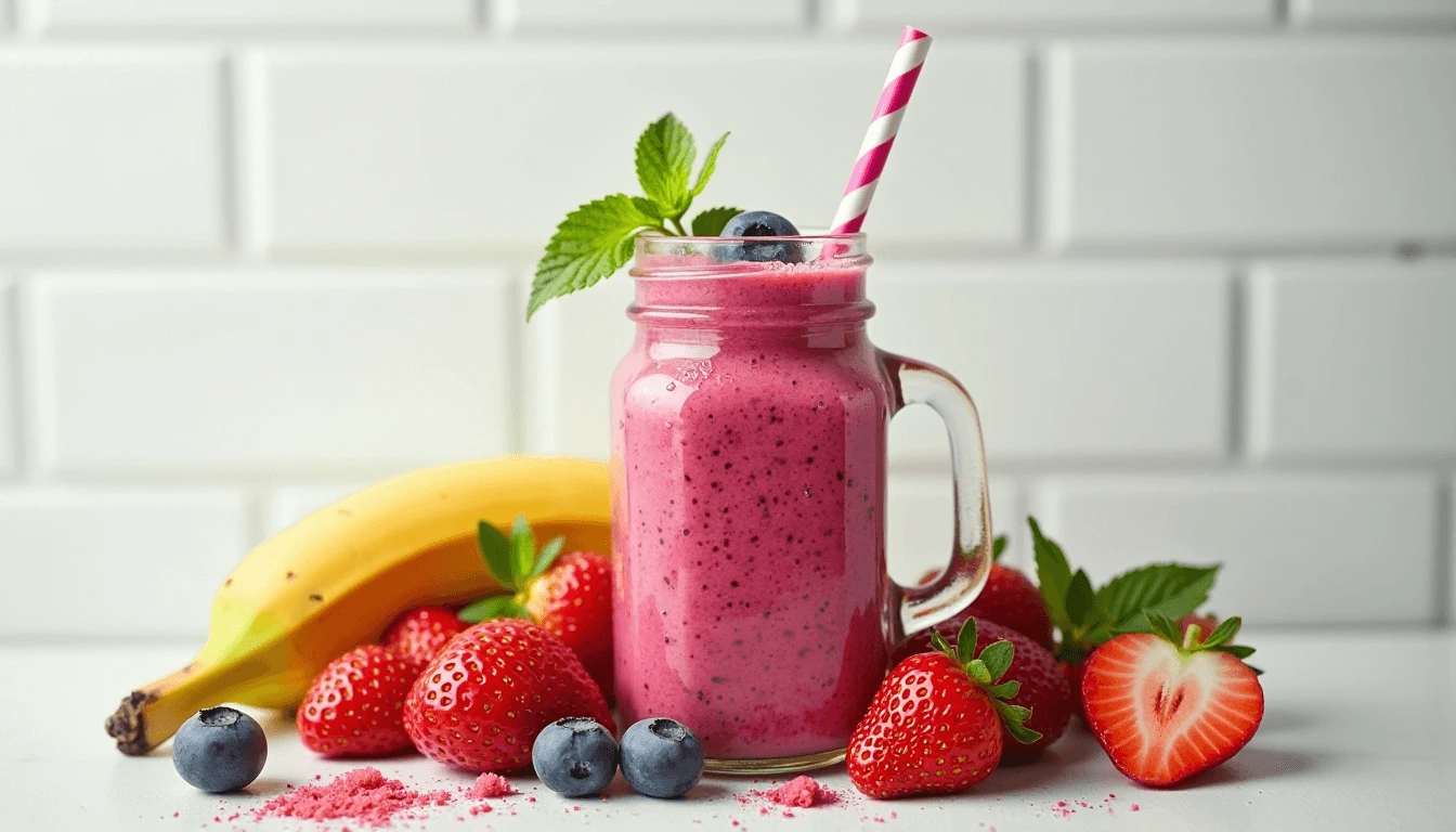 A Vibrant Glass Jar Filled With A Mixed Berry Smoo (1)