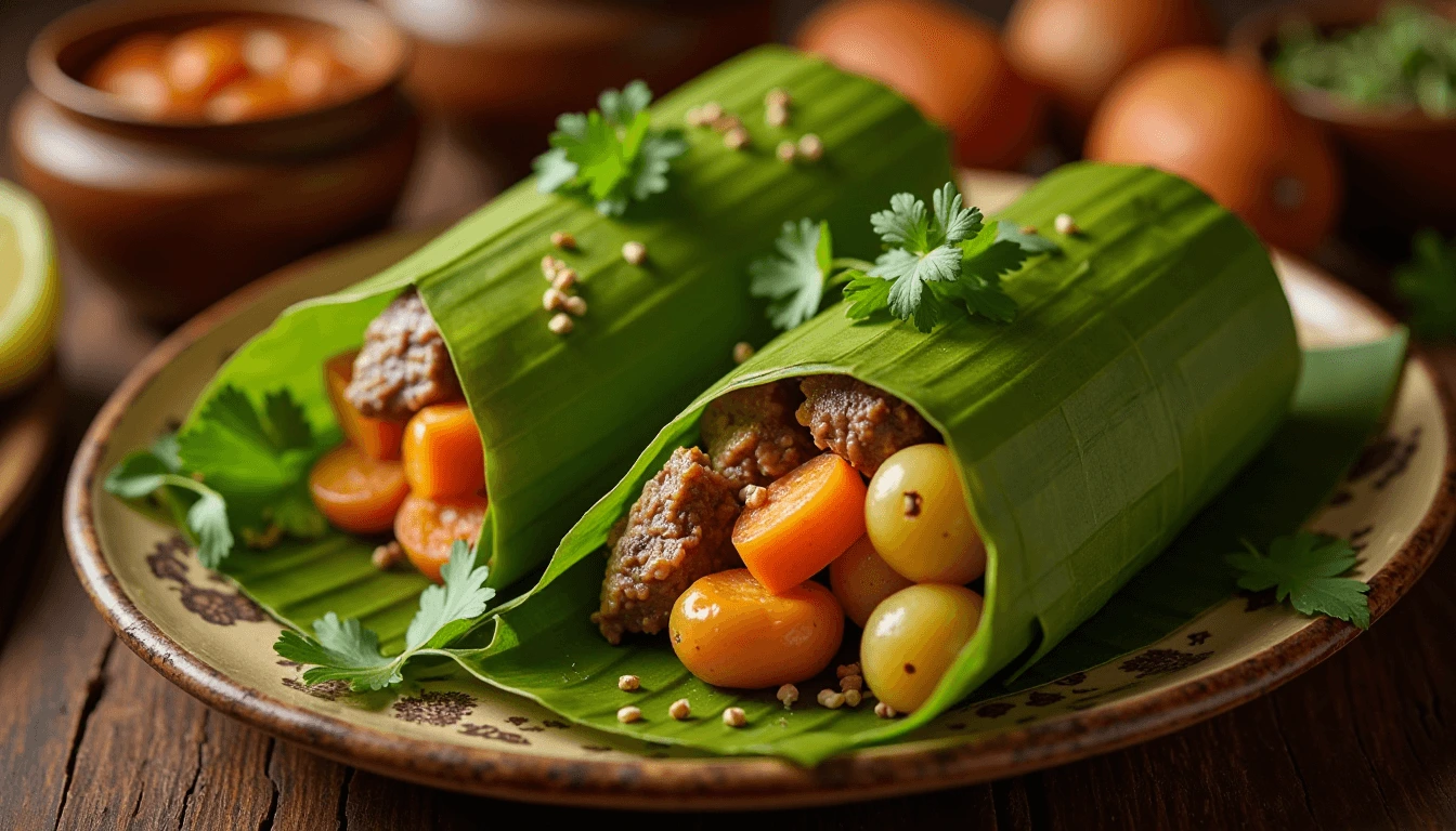 "Traditional Tamales Colombianos wrapped in banana leaves with roasted meat, potatoes, and carrots, garnished with cilantro."
